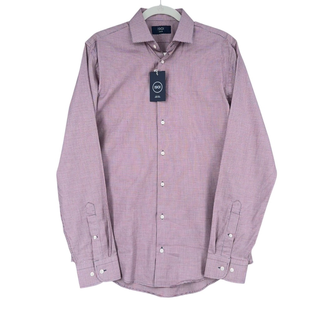 1901 Trim Fit Men's Red Blue Checkered Dress Shirt Size 34-35 Long Sleeve Cotton